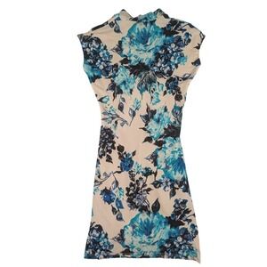 Arithalia Womens Blue Floral Faux Wrap Sheath Dress Sleeveless Mock Neck Small